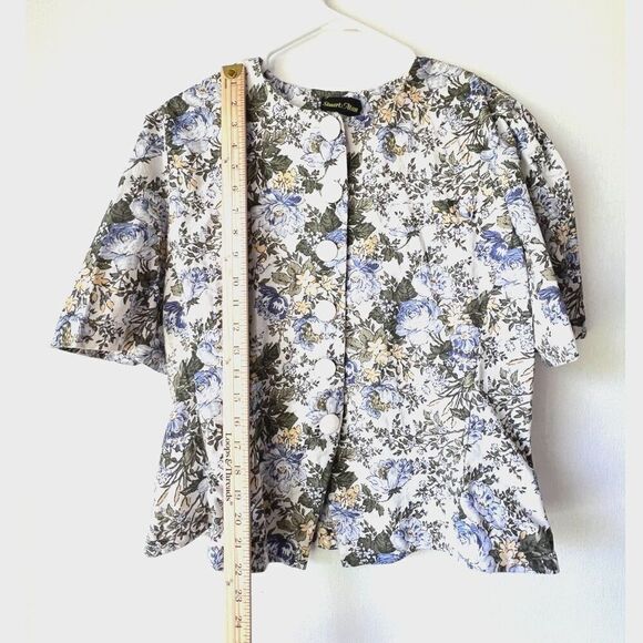 Womens  Vintage blouse button romantic chic floral short sleeve blue plus 16. - Picture 8 of 11